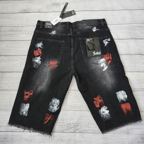Black and Red Splatter Paint Distressed Men's Biker Shorts (Size 40 & 42) - Picture 13 of 15